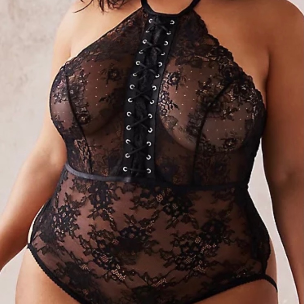 TORRID BLACK LACEUP HALTER OPEN BACK BODYSUIT